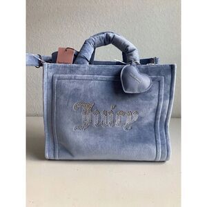 Juicy Couture Big Spender Large Tote Slate Blue Bling Velour Shoulder Strap NEW